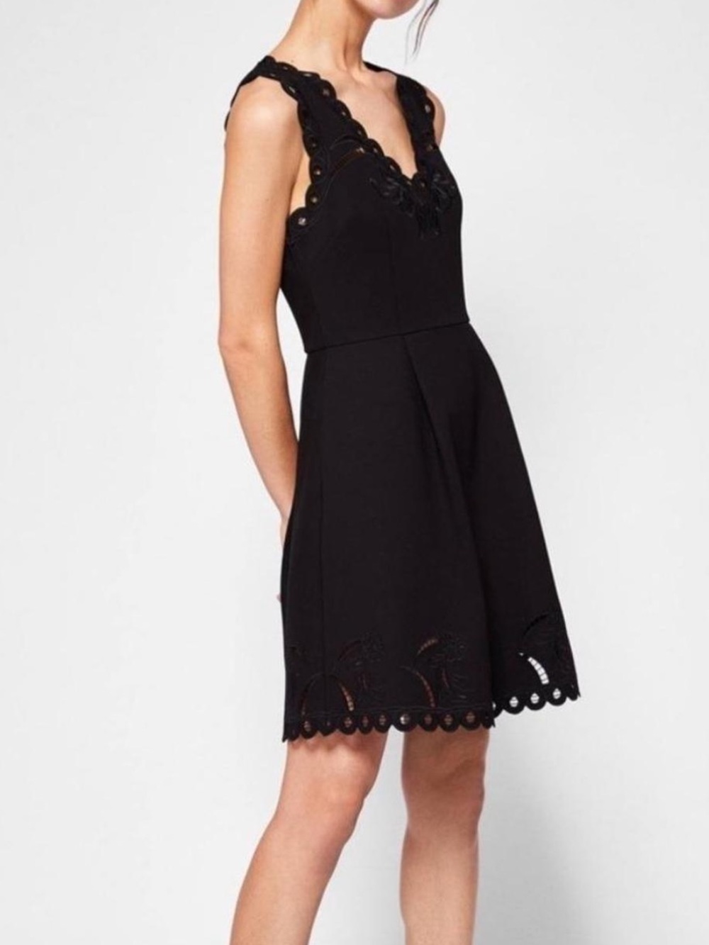 Ted Baker Black Sleeveless A-Line Dress with Scalloped Trim 0